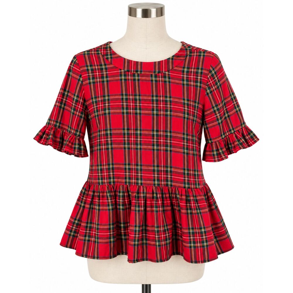 LaRoque Women's Plaid Holiday Christmas Peplum Blouse Size M Made in USA